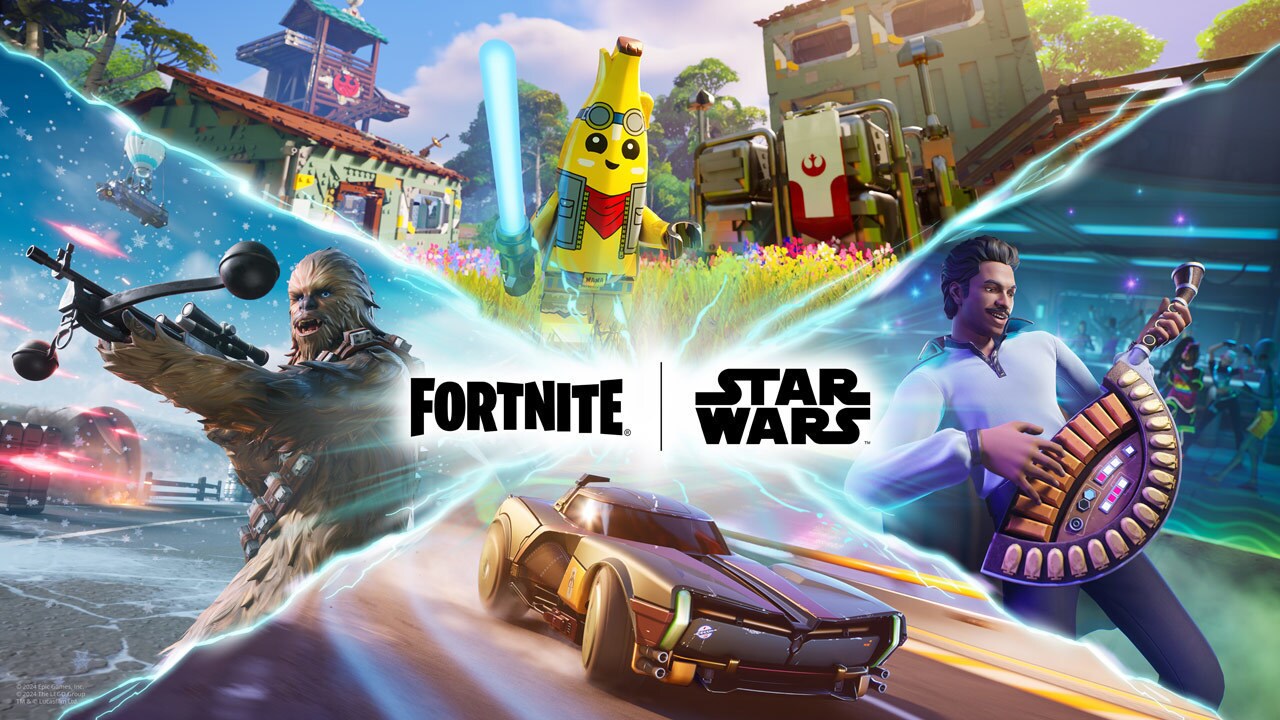 Fortnite | Star Wars key art featuring Chewbacca, Lando Calrissian, a car, and LEGO Fortnite characters
