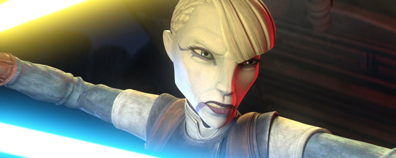 Asajj from Star Wars: Tales of the Underworld with the Fortnite logo.