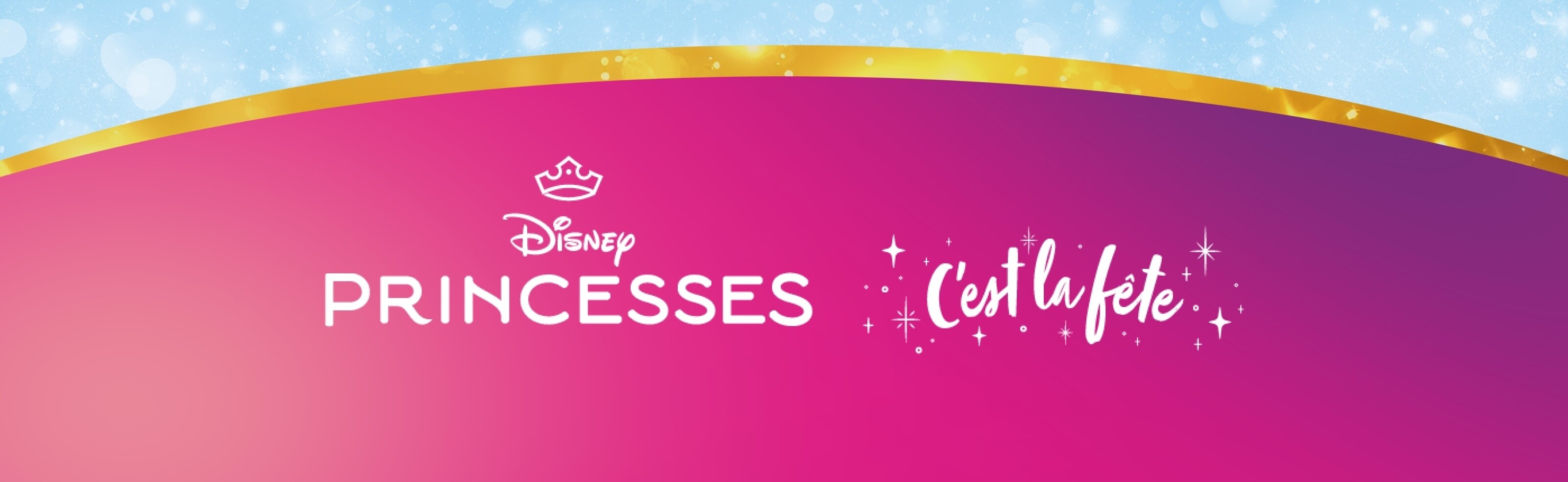 Graphique Princesses Disney « Let's Party » avec un fond dégradé rose-violet, des paillettes et une icône de couronne.