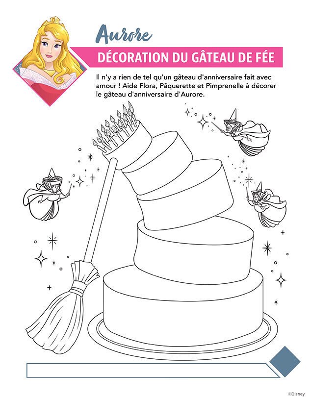 Page de coloriage avec Aurore de La Belle au bois dormant, accompagnée de Flora, Pâquerette et Pimprenelle décorant un gâteau d’anniversaire magique.