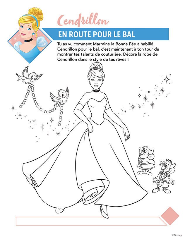 Page de coloriage représentant Cendrillon dans sa robe de bal, avec deux oiseaux tenant un collier de perles et deux souris issues de l’histoire.