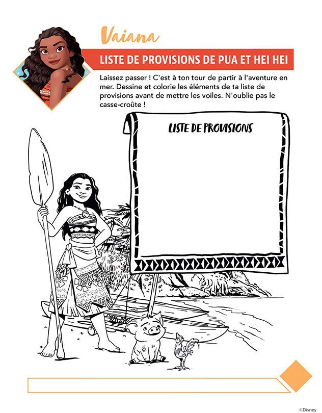 Page de coloriage avec Vaiana se préparant pour une aventure en mer avec Pua et Hei Hei sur la plage.