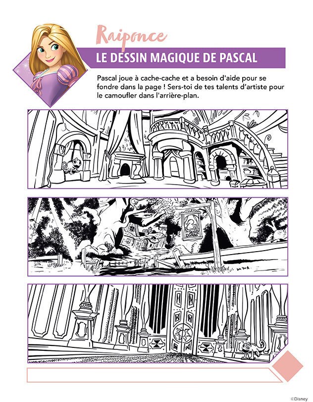 Page de coloriage avec Raiponce et Pascal jouant à cache-cache dans un décor amusant.
