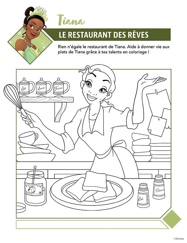 Page de coloriage avec Tiana de La Princesse et la Grenouille, en train de cuisiner dans son restaurant de rêve.