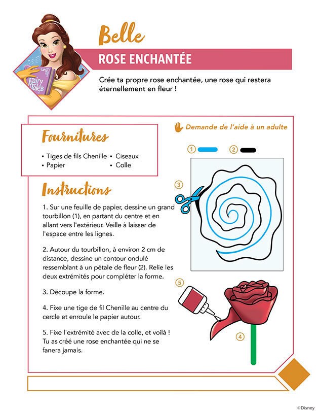 Instructions pour fabriquer une rose enchantée en papier.
