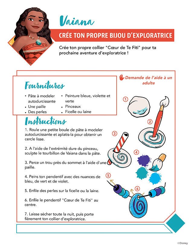 Instructions pour fabriquer un collier "Cœur de Te Fiti" avec de la pâte à modeler autodurcissante et de la peinture.