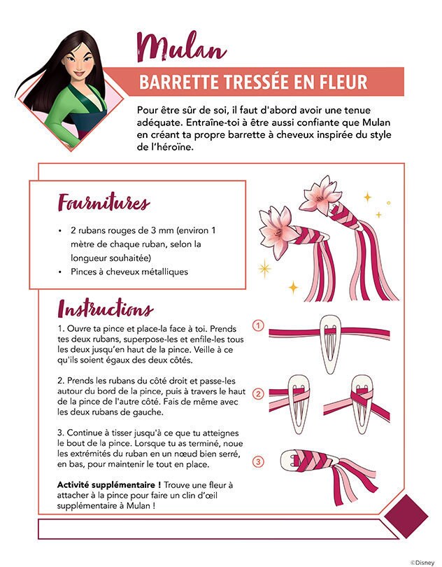 Instructions pour créer une barrette tressée avec des rubans et des pinces à cheveux.