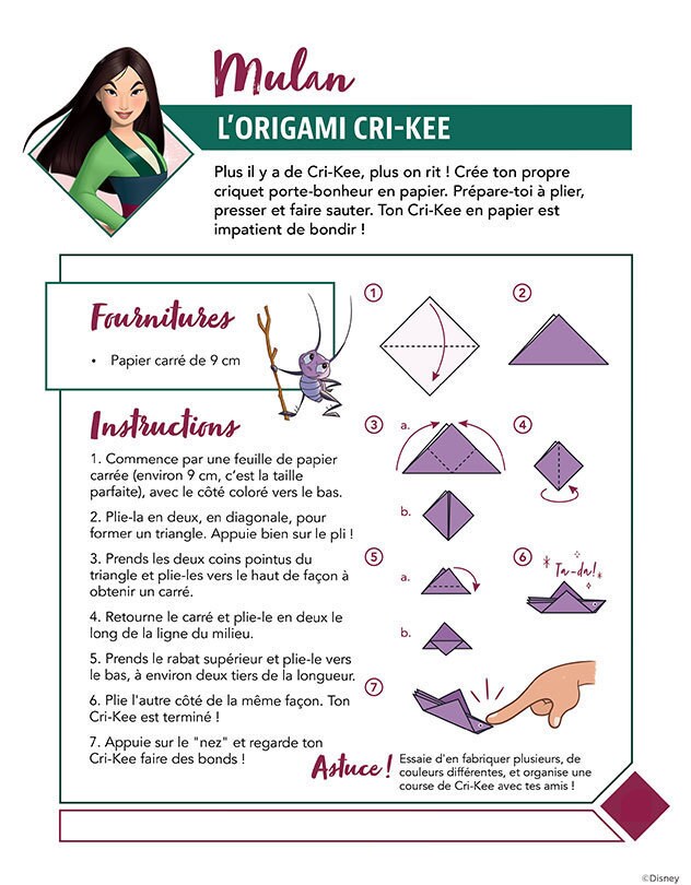 Instructions pour fabriquer un criquet en origami avec du papier carré.