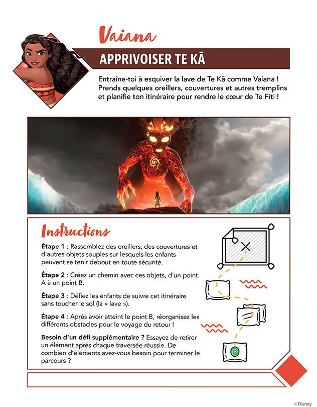 Jeu d’obstacles inspiré de Vaiana cherchant à apprivoiser Te Kā.