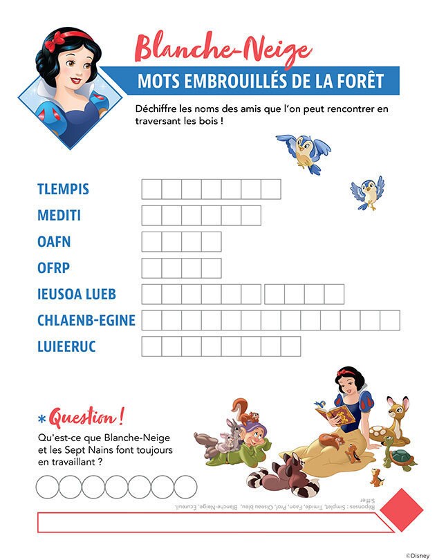 Jeu Blanche-Neige avec des mots cachés à retrouver.