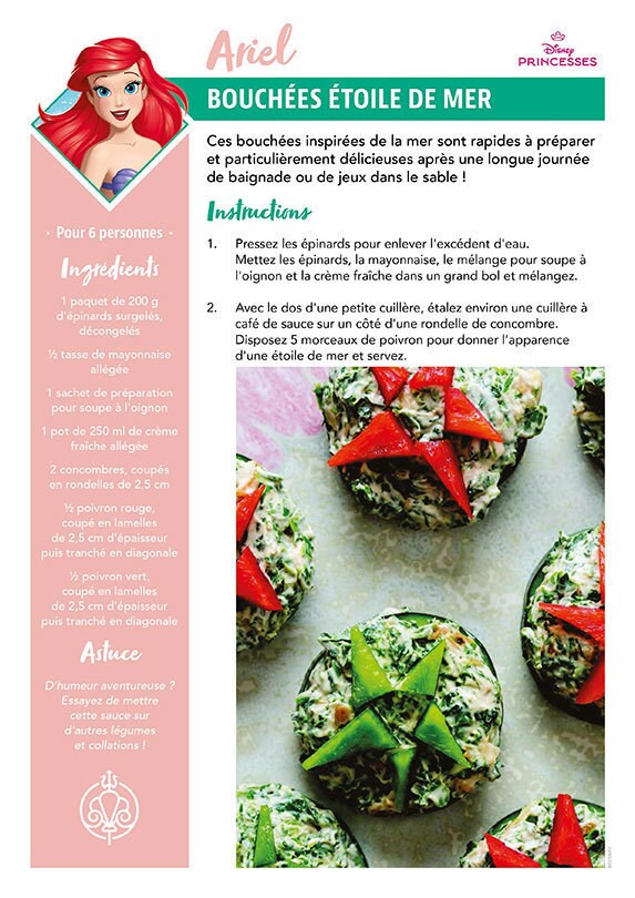 Une fiche recette intitulée "Bouchées étoile de mer" inspirée d’Ariel dans le film La Petite Sirène de Disney, avec des collations végétariennes en forme d'étoile de mer.