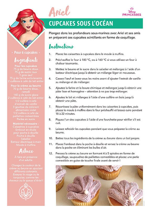 Une fiche recette intitulée "Cupcakes Sous l'océan" inspirée d'Ariel dans le film La Petite Sirène de Disney, avec des cupcakes scintillants en forme de coquillages.