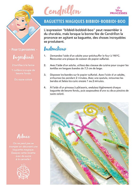 Une fiche recette intitulée "Baguettes magiques Bibbidi-Bobbidi-Boo" inspirée de Cendrillon dans le film Cendrillon de Disney, avec des bâtonnets de tortilla sucrés.
