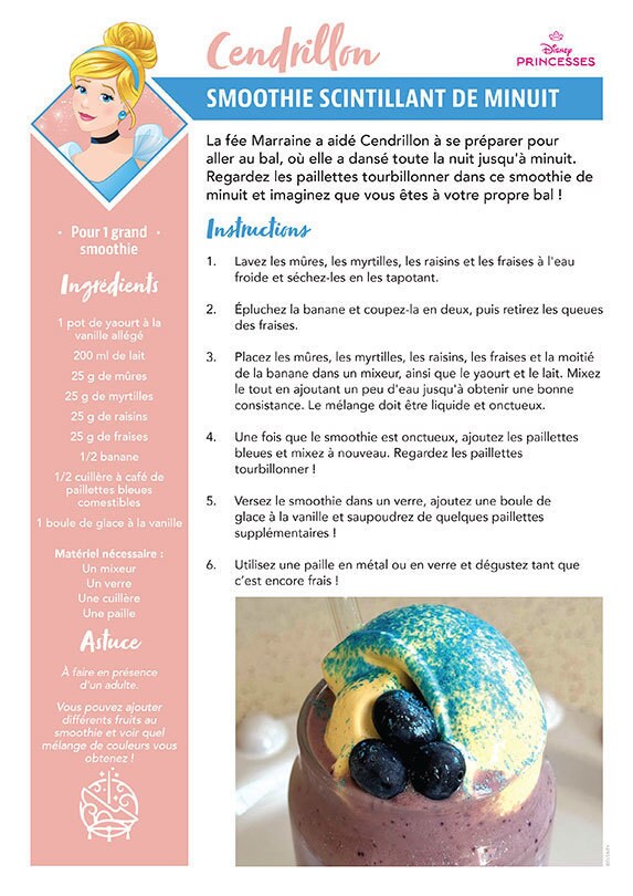 Une fiche recette intitulée "Smoothie scintillant de minuit" inspirée de Cendrillon dans le film Cendrillon de Disney.