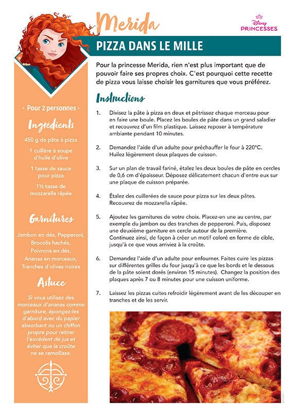 Une fiche recette intitulée "Pizza dans le mille" inspirée de Merida dans le film Rebelle de Disney, avec des pizzas décorées en forme de cible.