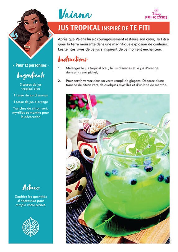 Une fiche recette intitulée "Jus tropical inspiré de Te Fiti" inspirée de Vaiana dans le film Vaiana, la légende du bout du monde de Disney, avec une boisson tropicale colorée.