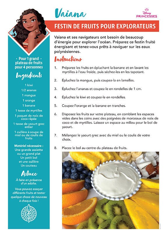 Une fiche recette intitulée "Festin de fruits pour Explorateurs" inspirée de Vaiana dans le film Vaiana, la légende du bout du monde de Disney, avec un plateau de fruits.