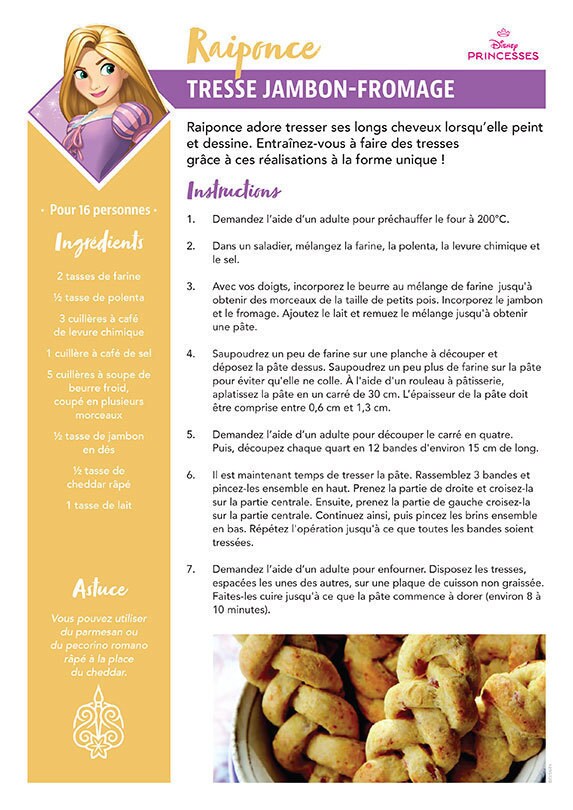Une fiche recette intitulée "Tresse jambon-fromage" inspirée de Raiponce dans le film Raiponce de Disney, avec des snacks tressés.