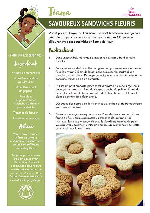 Une fiche recette intitulée "Savoureux sandwichs fleuris" inspirée de Tiana dans le film La Princesse et la Grenouille de Disney, avec des sandwichs au jambon et au fromage en forme de fleur.