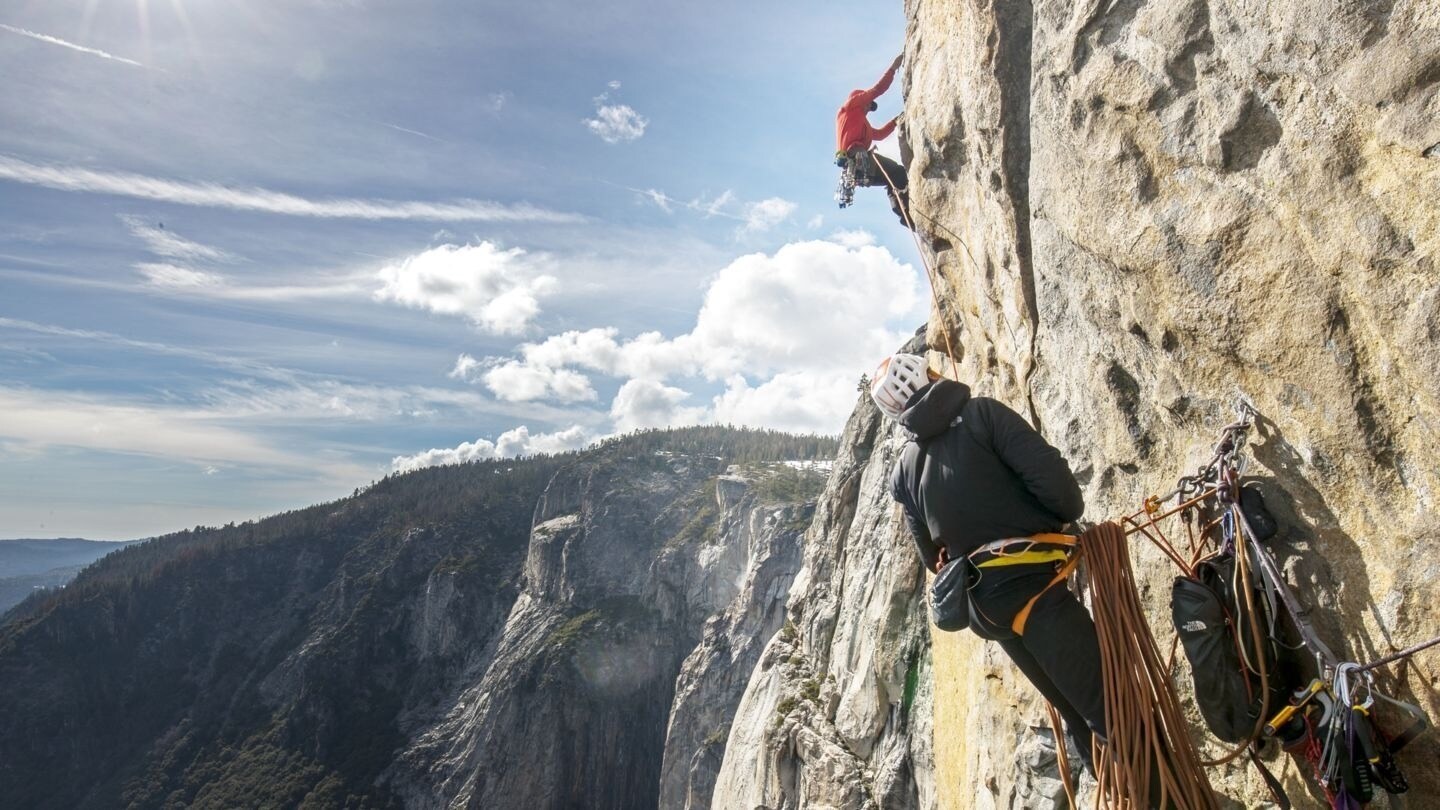 Free solo climber Alex Honnold climbing the 3,200-foot El Capitan in Yosemite National Park
