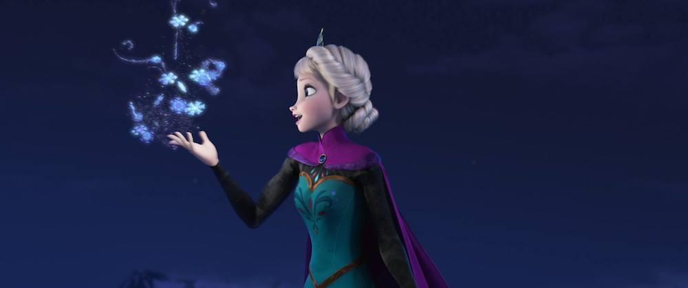 Animated character Elsa looking at magical snowflakes from the movie 