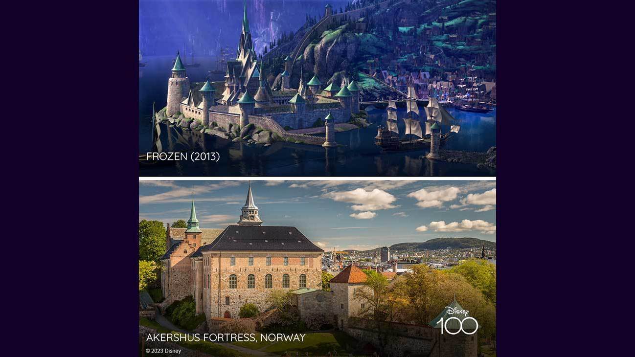 Sccene from Frozen (2013) and image of Akershus Fortress, Norway