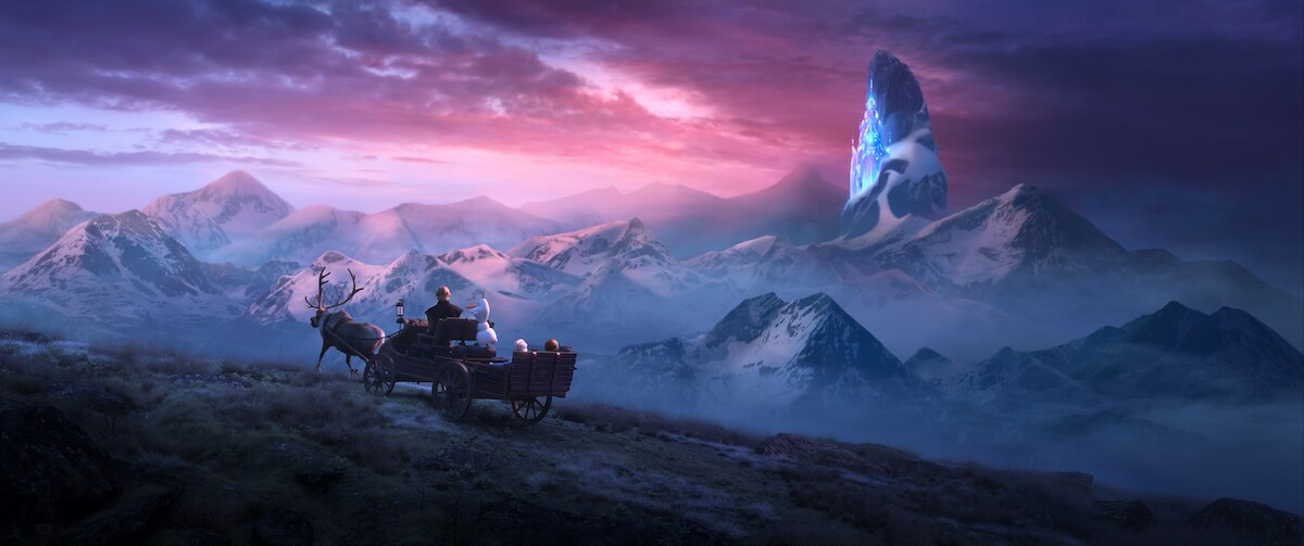 Scene from Frozen two - group traveling in a wagon being pulled by Sven