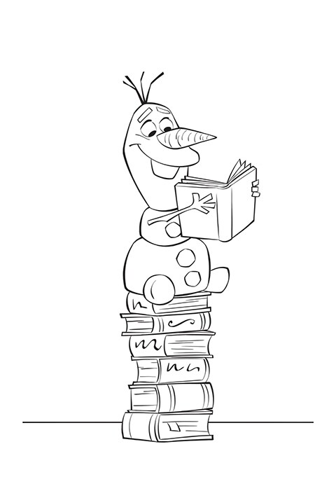 Olaf sitting on a pile of books reading a book colouring sheet