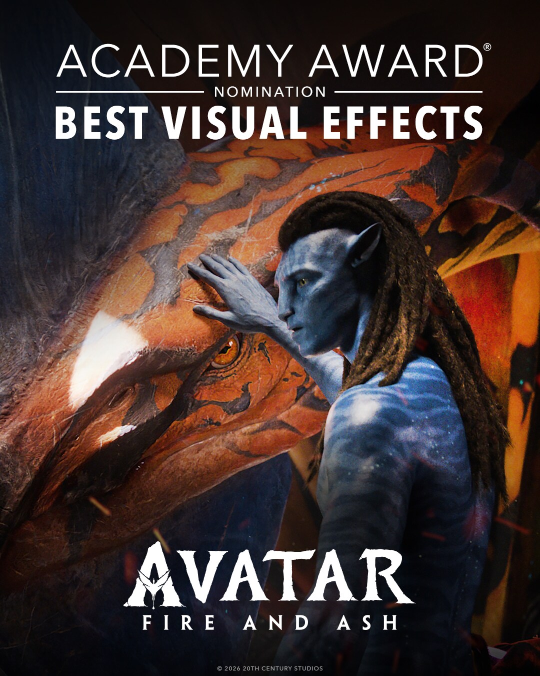 Academy Award Nomination | Best Visual Effects | Avatar: Fire and Ash Image of a Na'vi with their hand on a Nightwraith | Academy Award Nomination | Best Visual Effects | Avatar: Fire and Ash