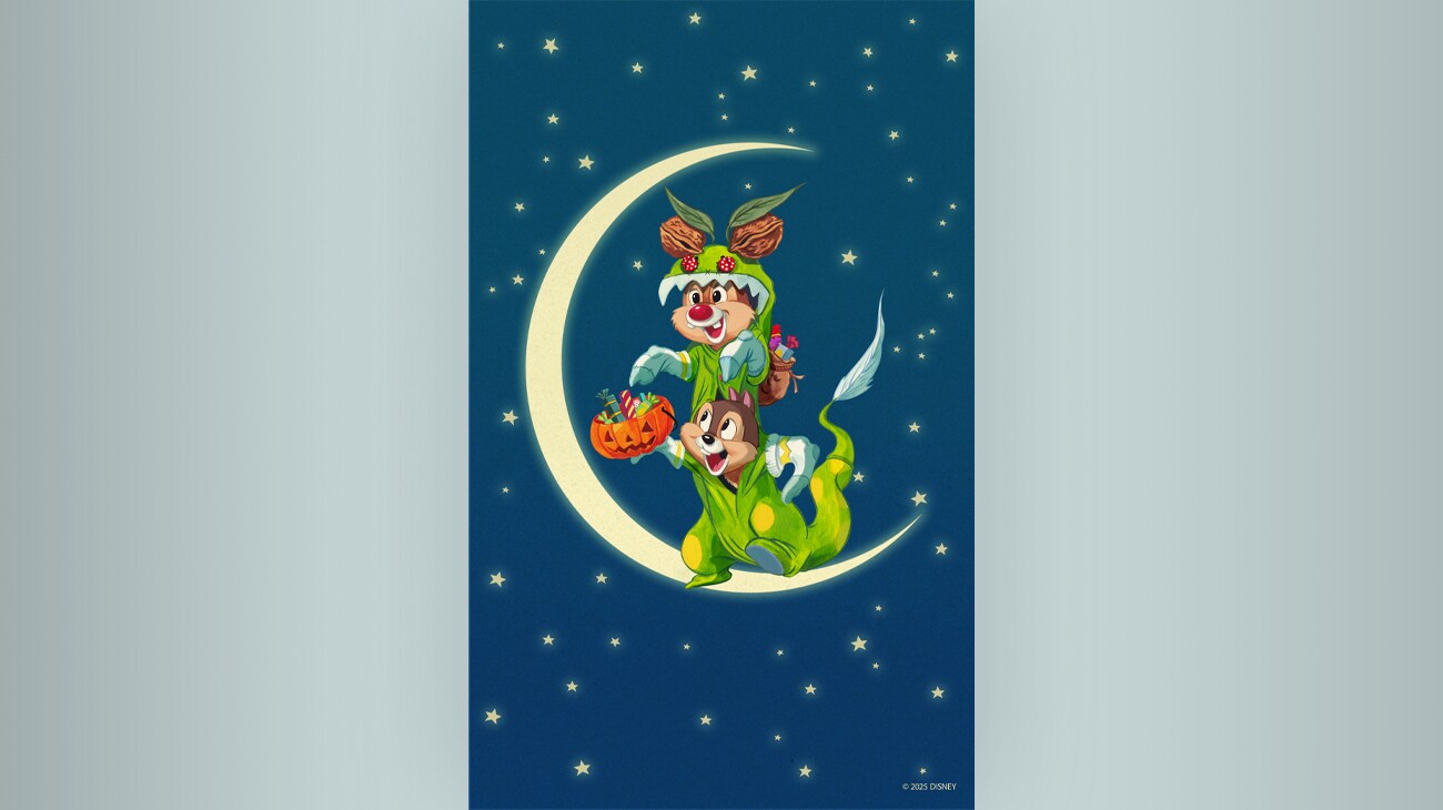 Chip 'n' Dale in Halloween costumes, in space, in themed phone wallpaper for Halloween.