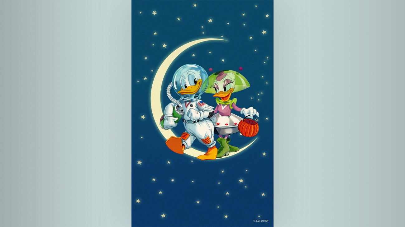 Donald and Daisy in Halloween costumes, in space, in themed phone wallpaper for Halloween.