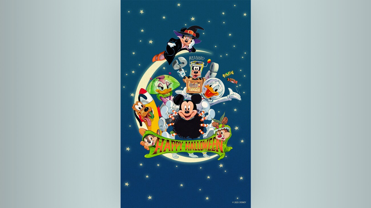 Happy Halloween! Mickey, Minnie, Donald, Daisy, Goofy, Pluto, and Chip and Dale are pictured in their Halloween costumes, in space.