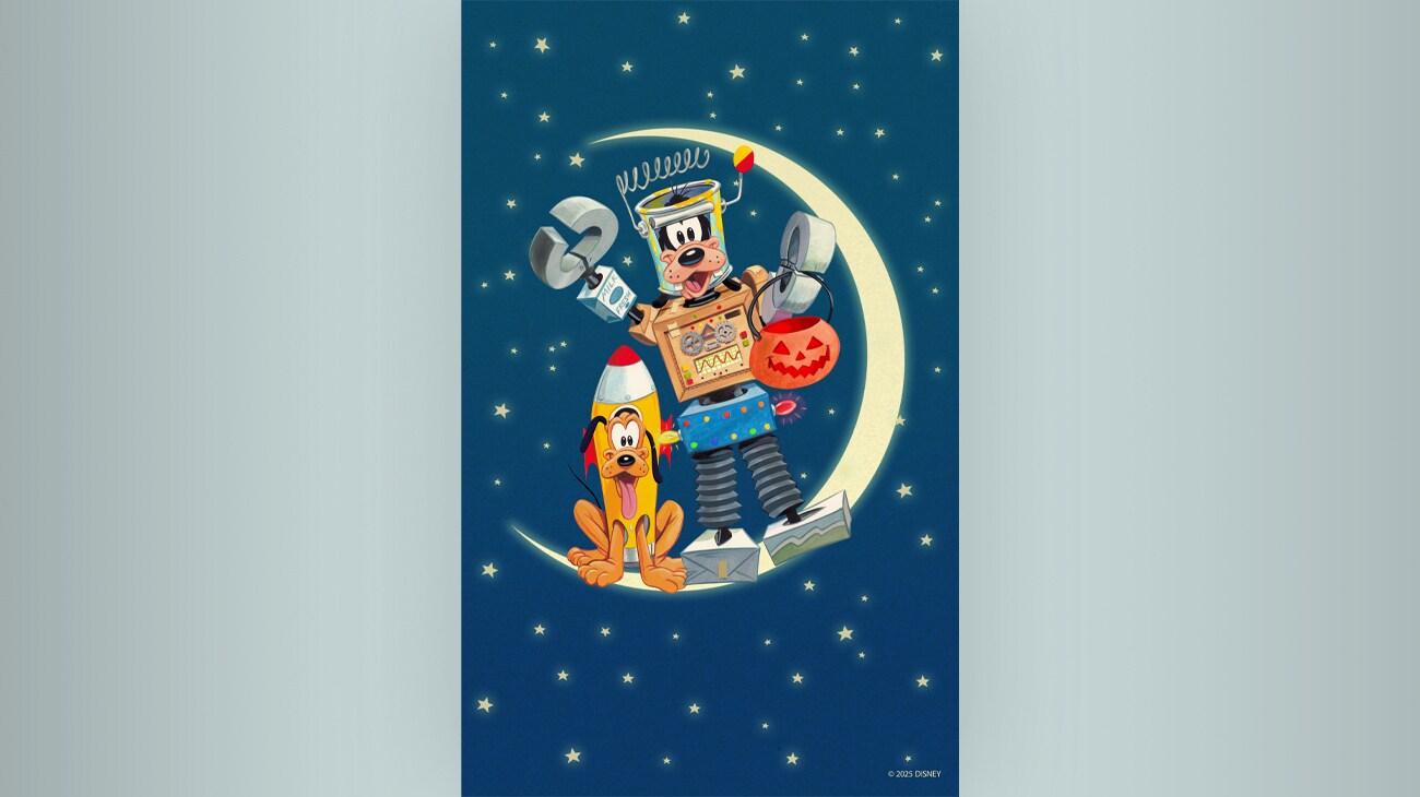 Goofy and Pluto in Halloween costumes, in space, in themed phone wallpaper for Halloween.