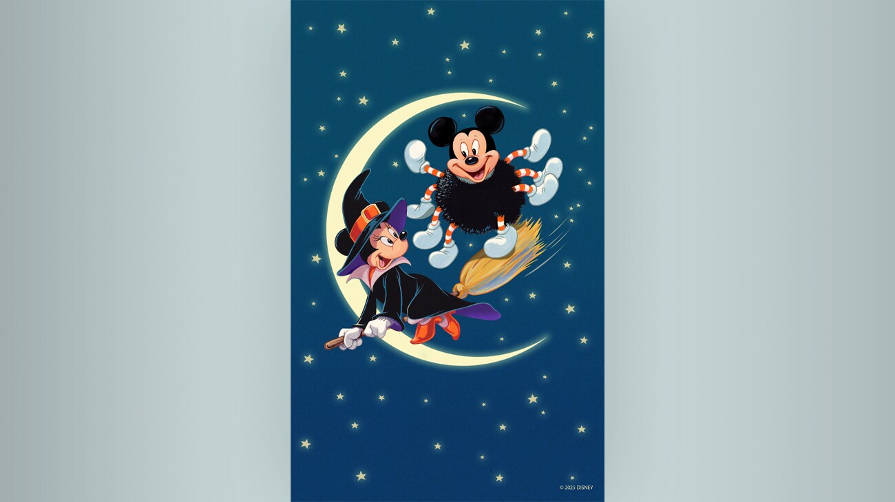 Mickey Mouse and Minnie Mouse in Halloween costumes, in space, in themed phone wallpaper for Halloween.