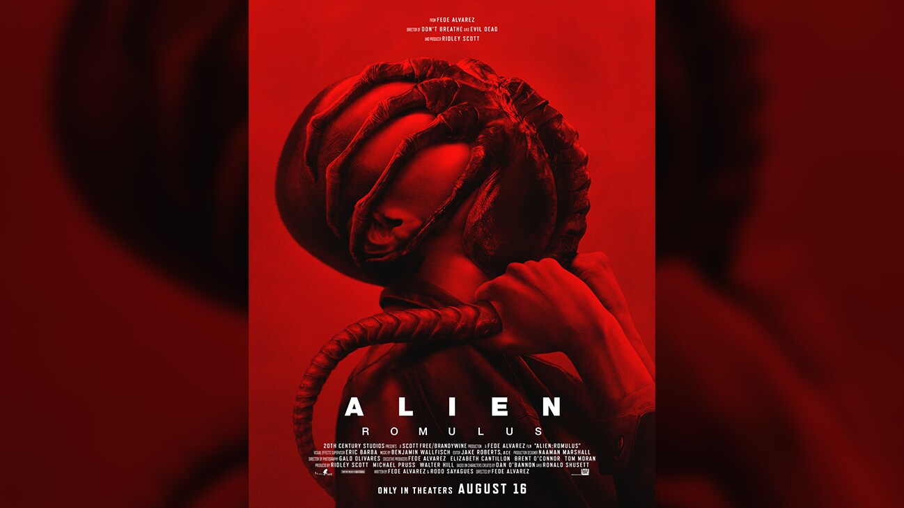 Image of the face hugger attached to a human | ALIEN: ROMULUS - © 2024 20th Century Studios. Only in theaters August 16. All Rights Reserved. | movie poster