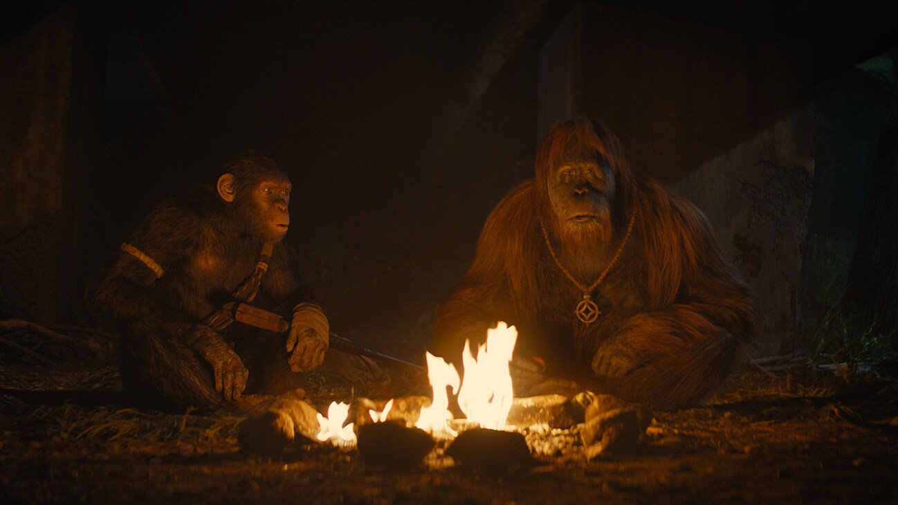 (L-R): Noa (voiced by Owen Teague) and Raka (voiced by Peter Macon) in 20th Century Studios' KINGDOM OF THE PLANET OF THE APES. Photo courtesy of 20th Century Studios. © 2023 20th Century Studios. All Rights Reserved.