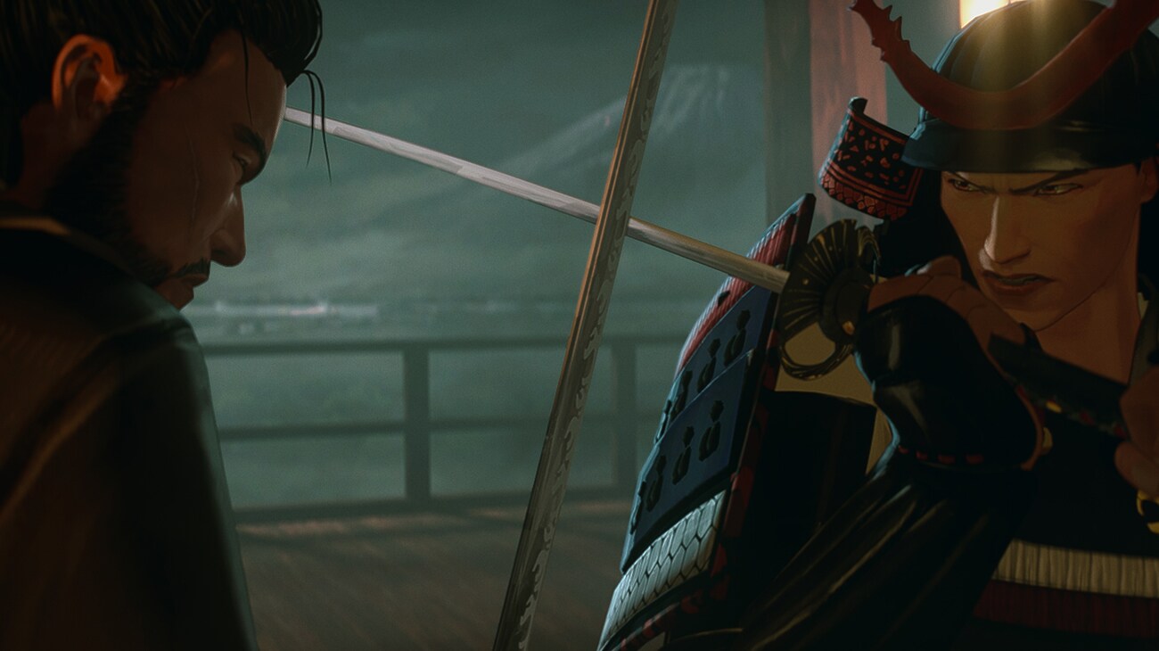 Illustrated still image of two individuals engaging in a sword fight from 20th Century Studios' PREDATOR: KILLER OF KILLERS, exclusively on Hulu. Photo courtesy of 20th Century Studios. © 2025 20th Century Studios. All Rights Reserved.