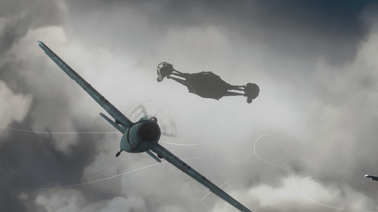 Illustrated still image of a fighter plane being pursued by an alien ship from 20th Century Studios' PREDATOR: KILLER OF KILLERS, exclusively on Hulu. Photo courtesy of 20th Century Studios. © 2025 20th Century Studios. All Rights Reserved.