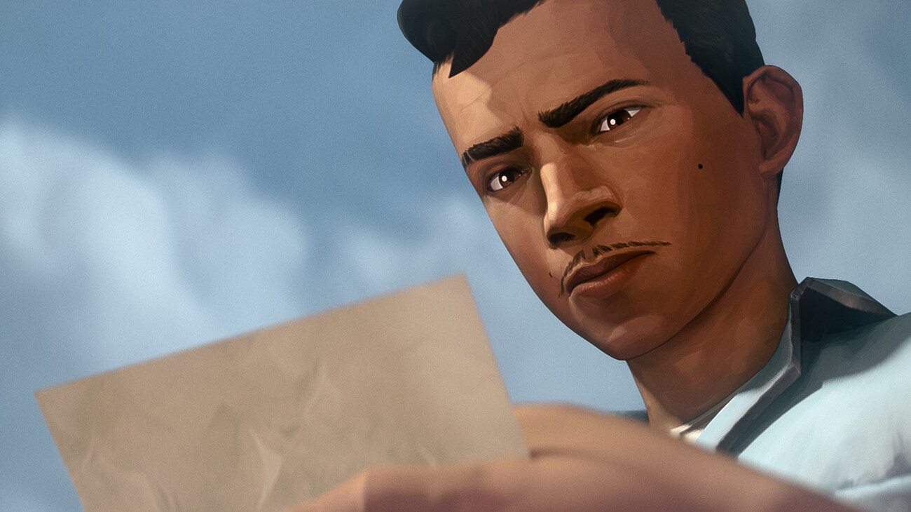 Illustrated still image of a man holding and reading a piece of paper from 20th Century Studios' PREDATOR: KILLER OF KILLERS, exclusively on Hulu. Photo courtesy of 20th Century Studios. © 2025 20th Century Studios. All Rights Reserved.