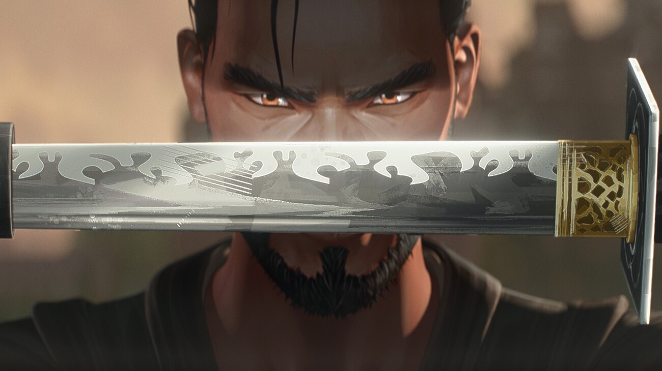 Illustrated still image of a man holding a sword in front of his face from 20th Century Studios' PREDATOR: KILLER OF KILLERS, exclusively on Hulu. Photo courtesy of 20th Century Studios. © 2025 20th Century Studios. All Rights Reserved.