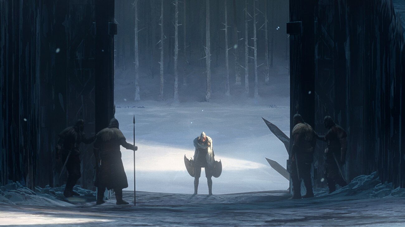 Illustrated still image of an individual standing in front of an open gate, greeted by four other individuals from 20th Century Studios' PREDATOR: KILLER OF KILLERS, exclusively on Hulu. Photo courtesy of 20th Century Studios. © 2025 20th Century Studios. All Rights Reserved.