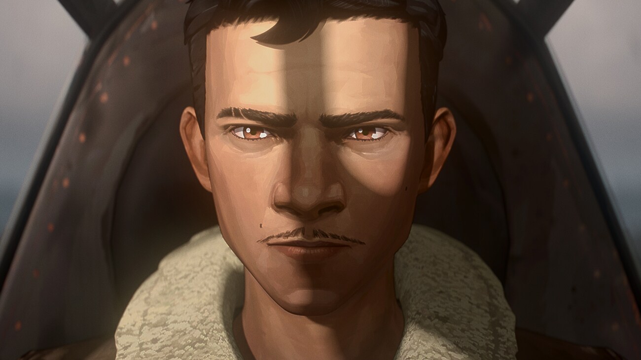 Illustrated still image of an individual in the cockpit of a plane wearing a bomber jacket from 20th Century Studios' PREDATOR: KILLER OF KILLERS, exclusively on Hulu. Photo courtesy of 20th Century Studios. © 2025 20th Century Studios. All Rights Reserved.