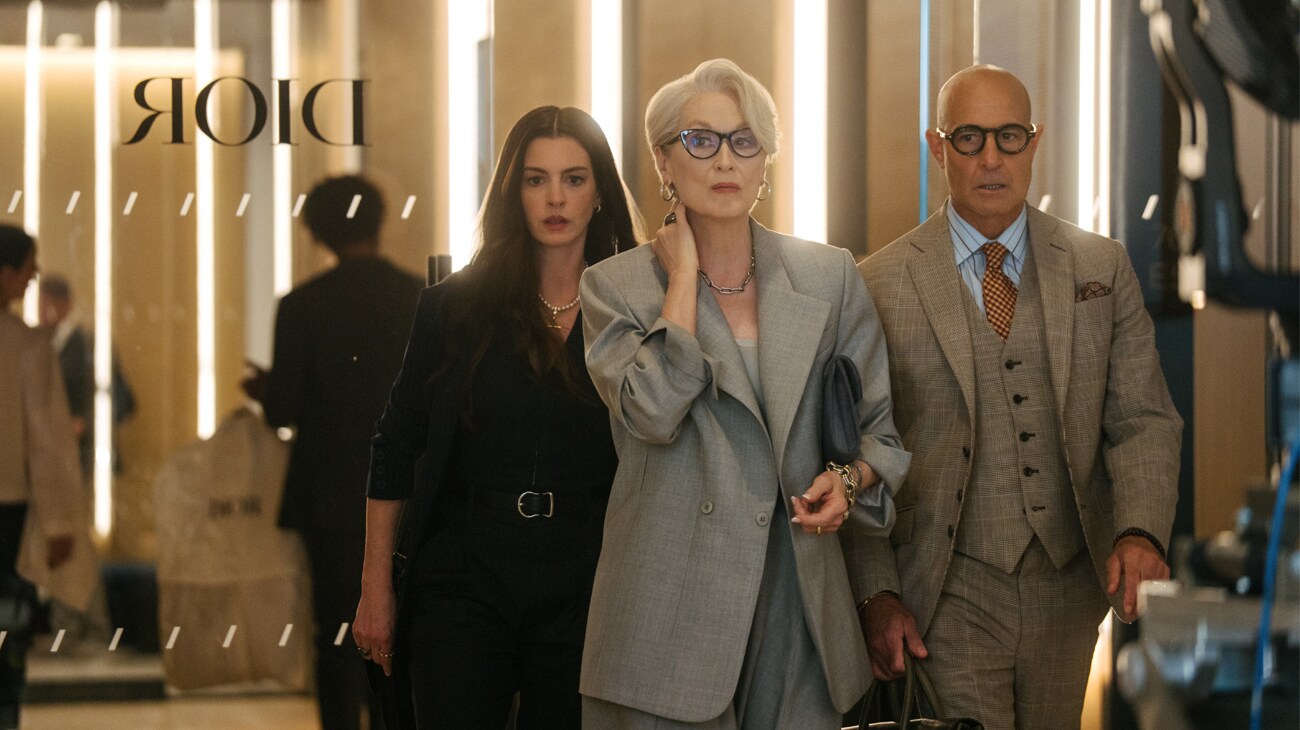 (L-R) Anne Hathaway as Andy Sachs, Meryl Streep as Miranda Priestly and Stanley Tucci as Nigel Kipling in 20th Century Studios' THE DEVIL WEARS PRADA 2. Photo by Macall Polay. © 2026 20th Century Studios. All Rights Reserved.