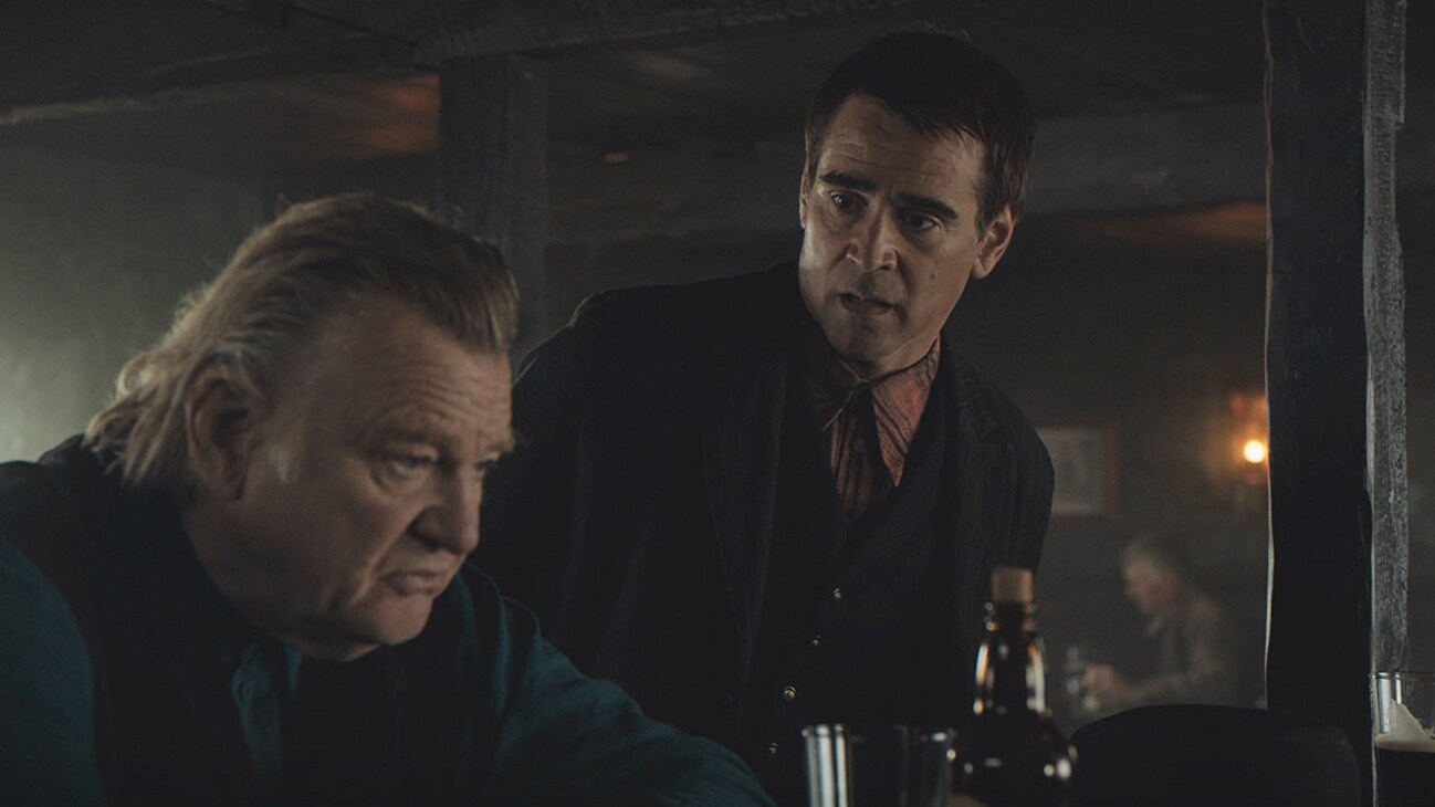 Colm Doherty (actor Brendan Gleeson) and Pádraic Súilleabháin (actor Colin Farrell) at a tavern from the Searchlight Pictures movie "The Banshees of Inisherin".