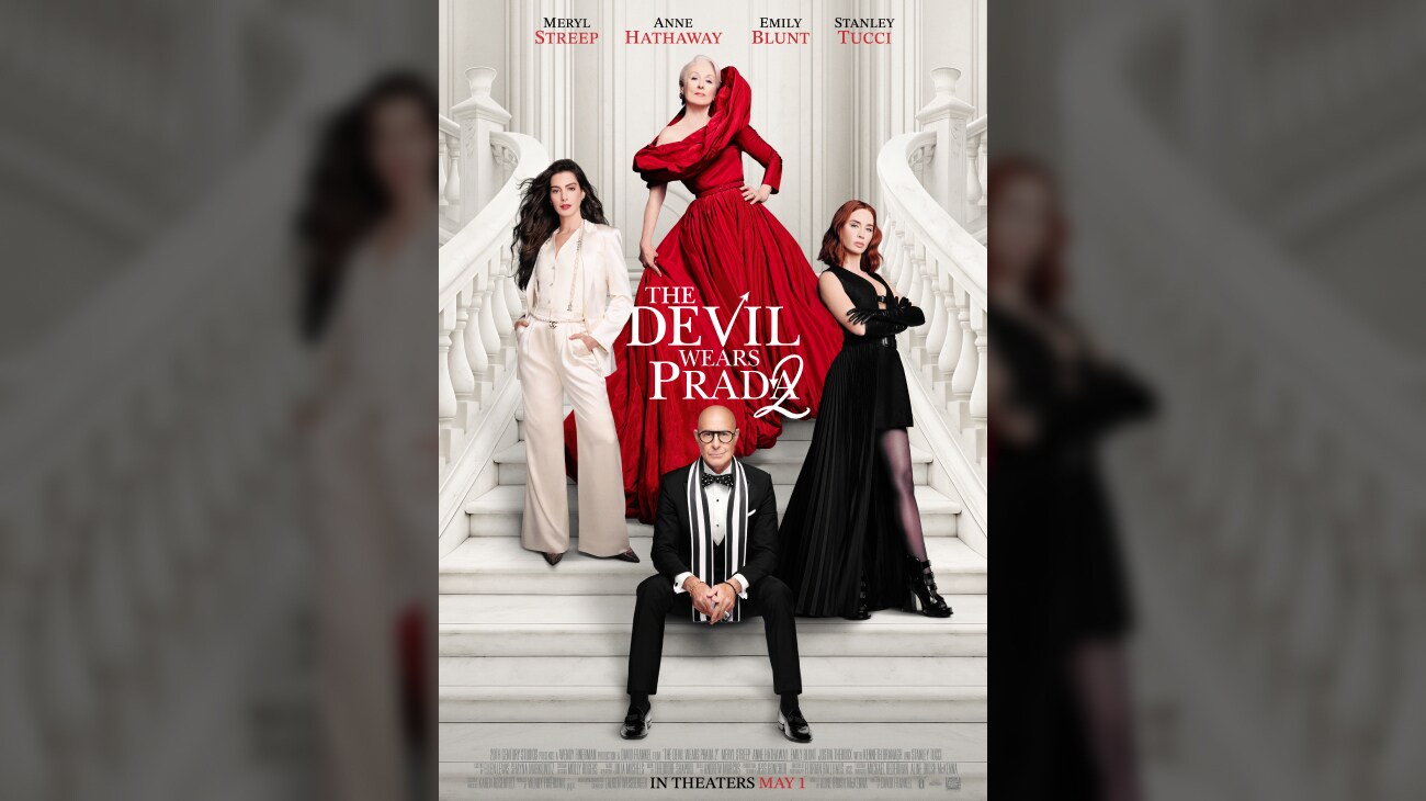 Meryl Streep | Anne Hathaway | Emily Blunt | Stanley Tucci | Clockwise from left: Andy (Anne Hathaway), Miranda (Meryl Streep), Emily (Emily Blunt), and Nigel (Stanley Tucci) on a white staircase. | The Devil Wears Prada 2 | In Theaters May 1 | movie poster