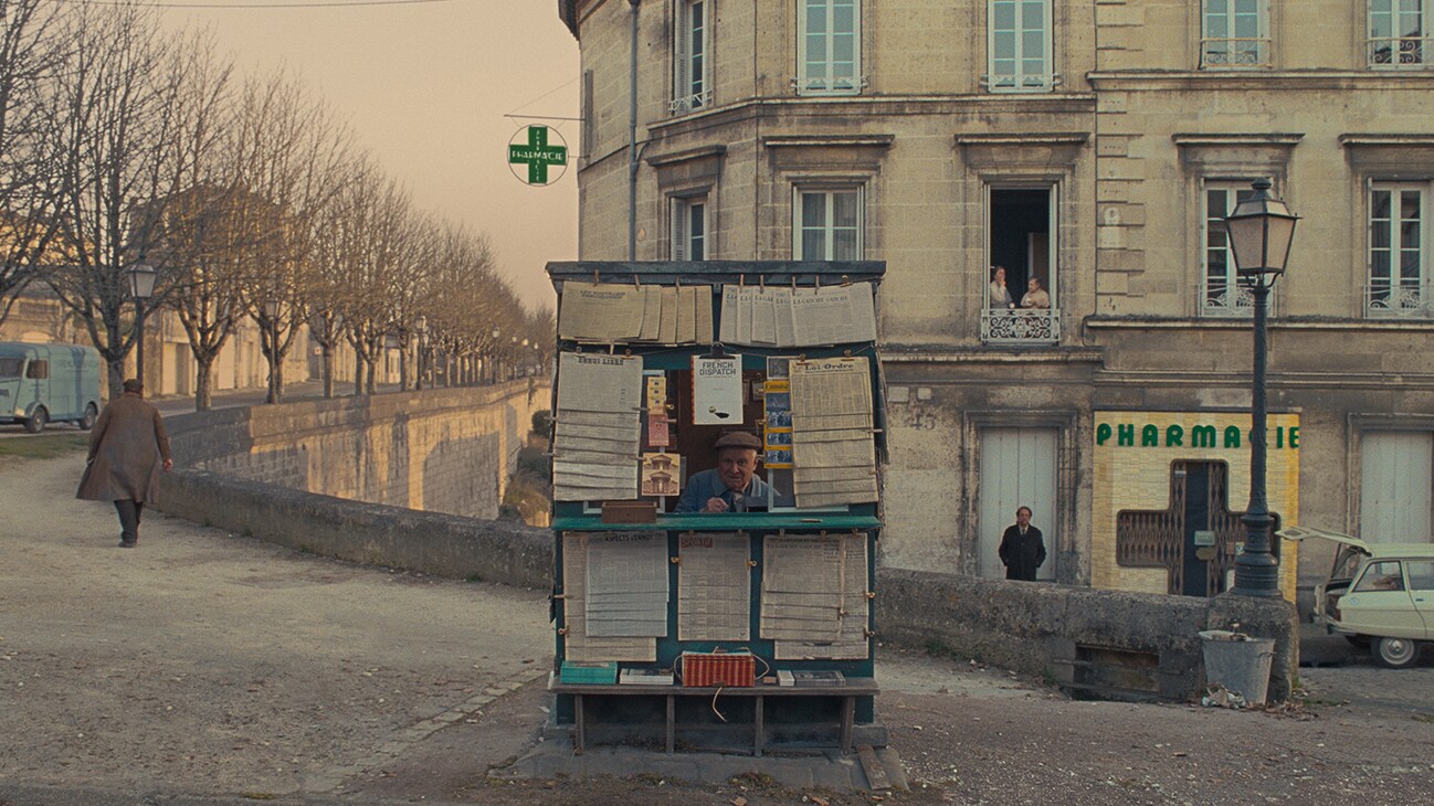 A newsstand open for business in the movie "The French Dispatch".