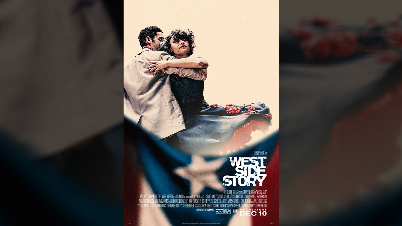 Movie poster image of Anita (actor Ariana DeBose) and Bernardo Vasquez (actor David Alvarez) dancing from the 20th Century Studios movie West Side Story. Rated PG-13.