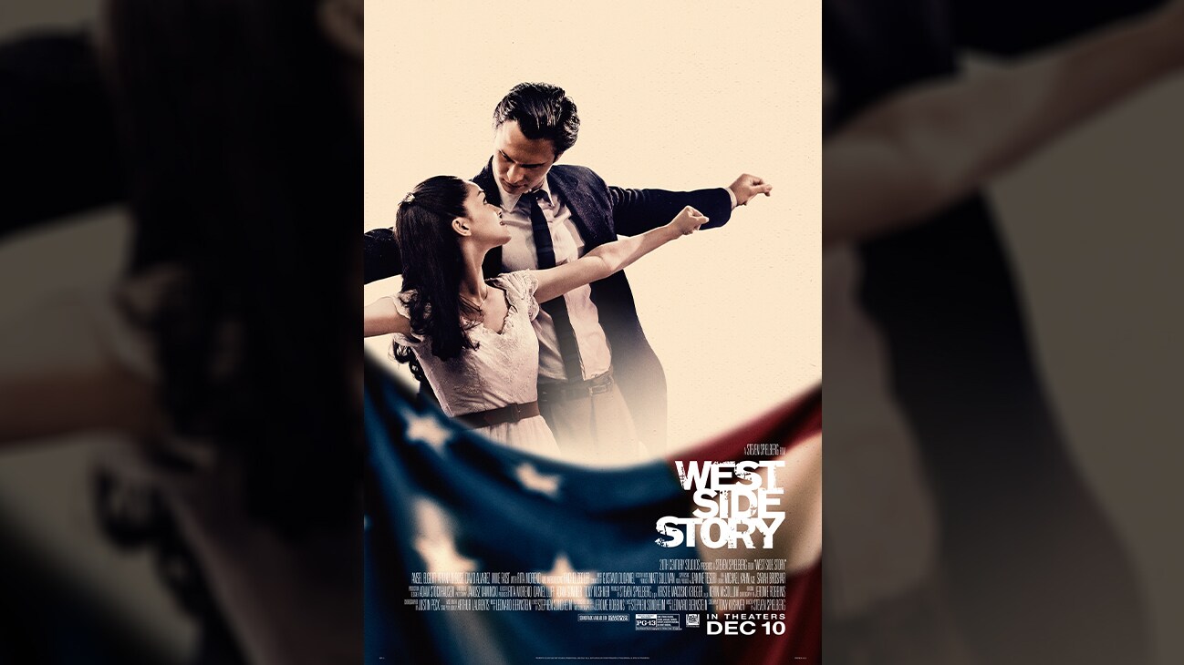 Movie poster image of Maria (actor Rachel Zegler) and Tony (actor Ansel Elgort) dancing from the 20th Century Studios movie West Side Story. Rated PG-13.