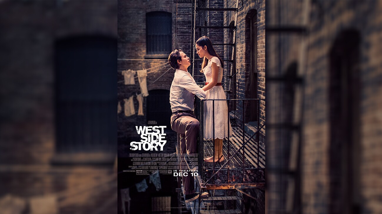 Movie poster image of Maria (actor Rachel Zegler) and Tony (actor Ansel Elgort) on a fire escape from the 20th Century Studios movie West Side Story. Rated PG-13.
