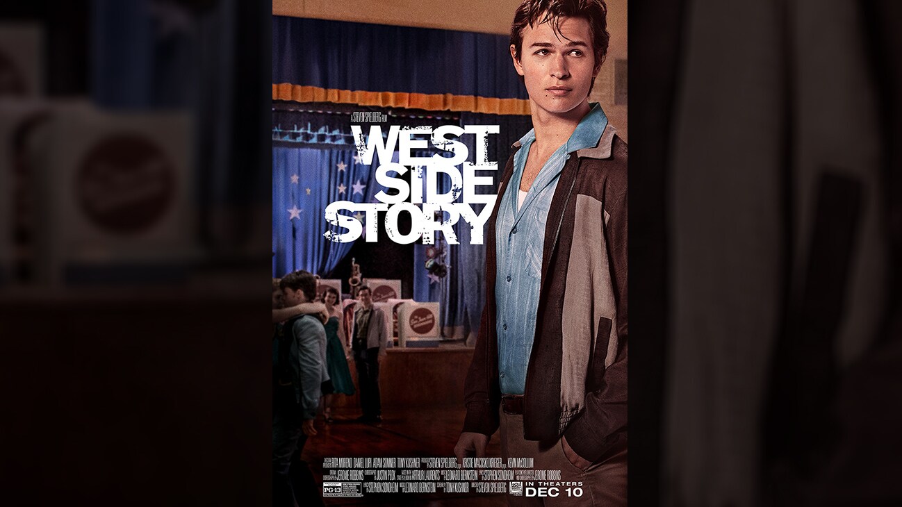 Movie poster image of Tony (actor Ansel Elgort) from the 20th Century Studios movie West Side Story. Rated PG-13.
